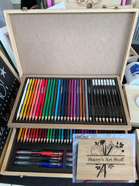 Personalised Engraved Wooden 75 Piece Art Box with Colouring Pencils and Artists Monogram - Resplendent Aurora