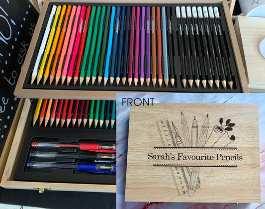 Personalised Engraved Wooden 75 Piece Art Box with Pencil and Ruler Monogram - Resplendent Aurora