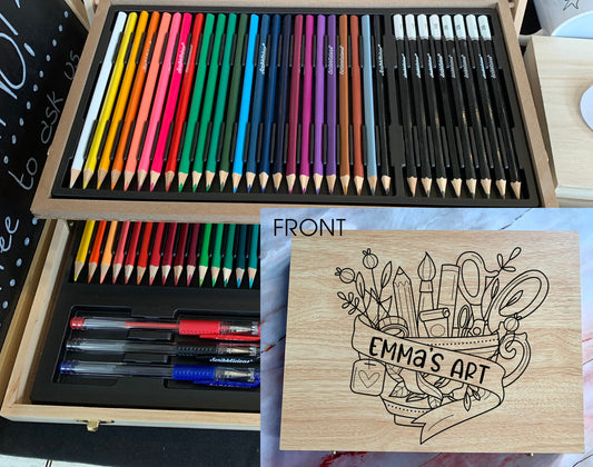 Personalised Engraved Wooden 75 Piece Art Box with Colouring Pencils Monogram - Resplendent Aurora
