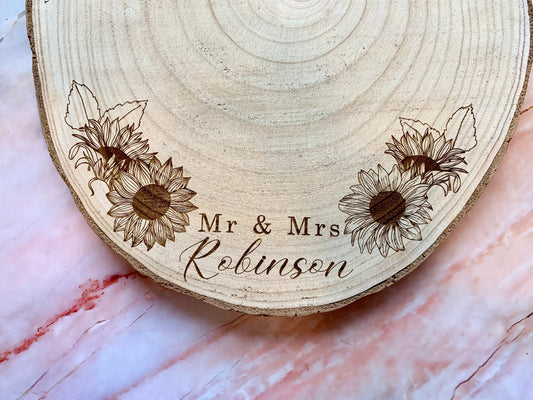 Personalised Engraved Wood Slice, Wedding Cake Display Board with Sunflowers - Resplendent Aurora