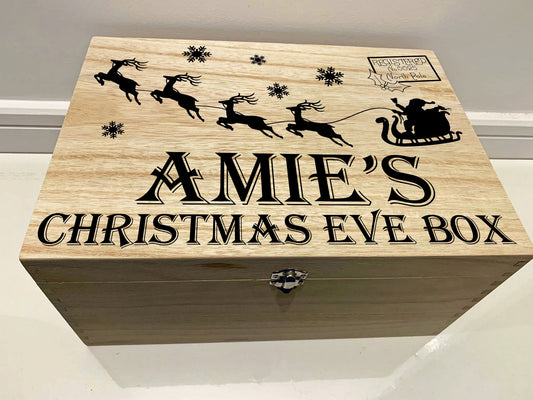 Large Personalised Engraved Wooden Christmas Eve Box with Santa's Sleigh and Reindeer - Resplendent Aurora