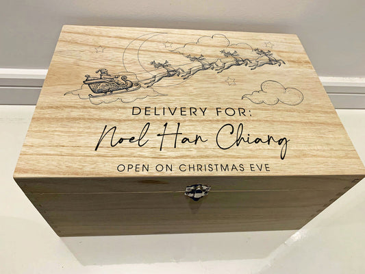 Large Personalised Engraved Wooden Christmas Eve Gift Box, Keepsake Box with Santa and Reindeer - Resplendent Aurora